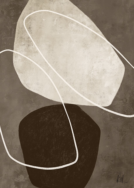 Minimalist art featuring two irregular shapes, one beige and one dark brown with two additional overlapping white outlined shapes. The artwork has a minimalist and modern aesthetic.