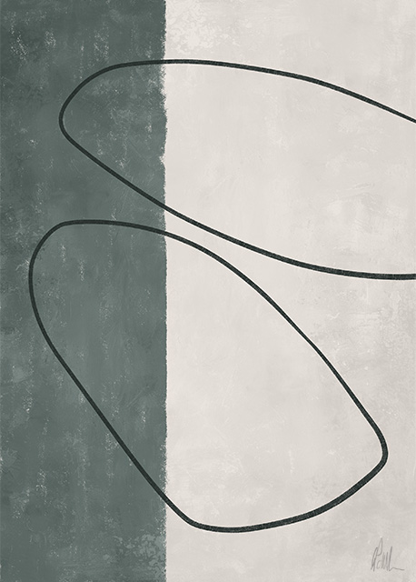 Abstract art featuring two overlapped irregular shapes with white outlines on a textured grey background. The top shape is dark brown, and the bottom shape is a pale beige. The artwork has a minimalist and modern aesthetic.