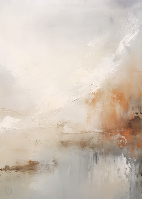 Abstract art featuring two overlapped irregular shapes with white outlines on a textured grey background. The top shape is dark brown, and the bottom shape is a pale beige. The artwork has a minimalist and modern aesthetic.