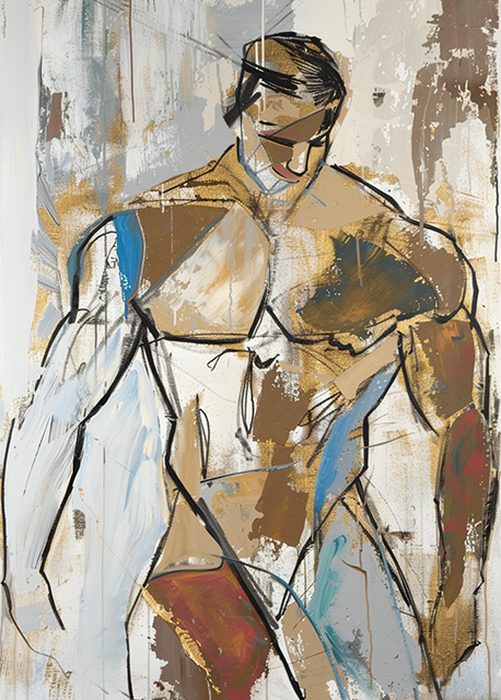 Abstract art featuring two overlapped irregular shapes with white outlines on a textured grey background. The top shape is dark brown, and the bottom shape is a pale beige. The artwork has a minimalist and modern aesthetic.