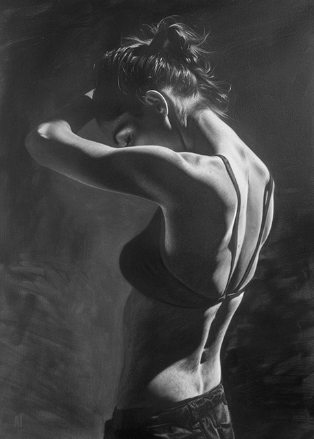 Abstract art featuring two overlapped irregular shapes with white outlines on a textured grey background. The top shape is dark brown, and the bottom shape is a pale beige. The artwork has a minimalist and modern aesthetic.