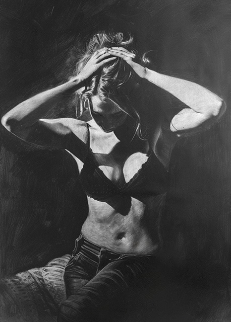 Abstract art featuring two overlapped irregular shapes with white outlines on a textured grey background. The top shape is dark brown, and the bottom shape is a pale beige. The artwork has a minimalist and modern aesthetic.