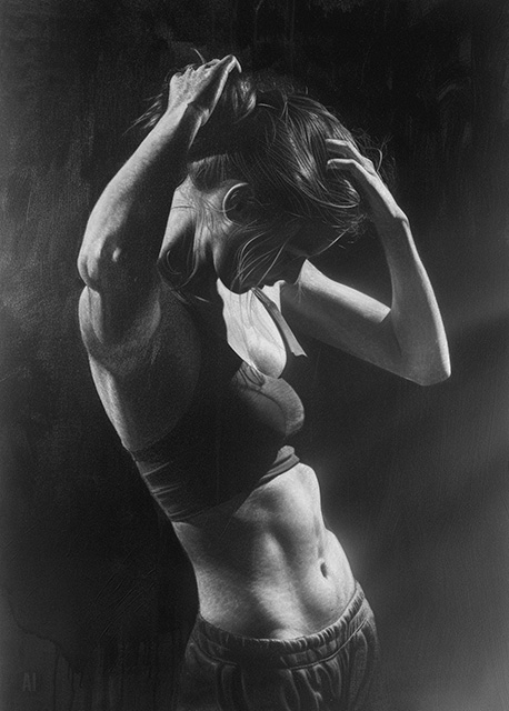 Abstract art featuring two overlapped irregular shapes with white outlines on a textured grey background. The top shape is dark brown, and the bottom shape is a pale beige. The artwork has a minimalist and modern aesthetic.